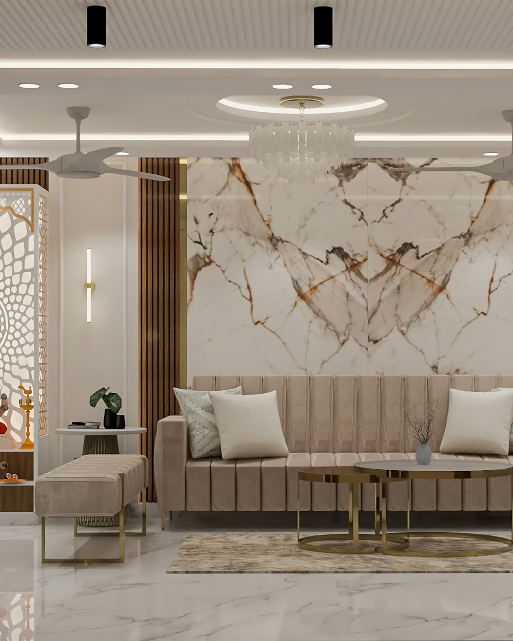A warm, light-filled Indian living room with a marble feature wall and jaali screen
