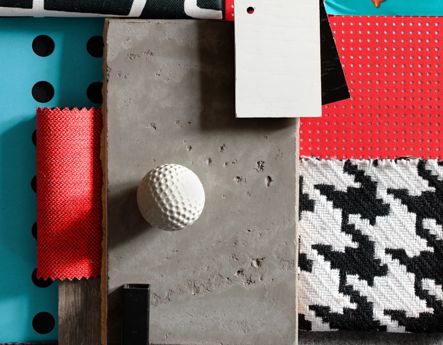 A material board of fabric swatches, concrete and texture samples